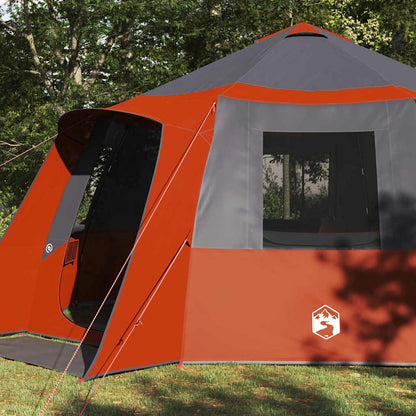 Detail van de grijs-oranje vidaXL Cabin Tent met ingang en ventilatieroosters.