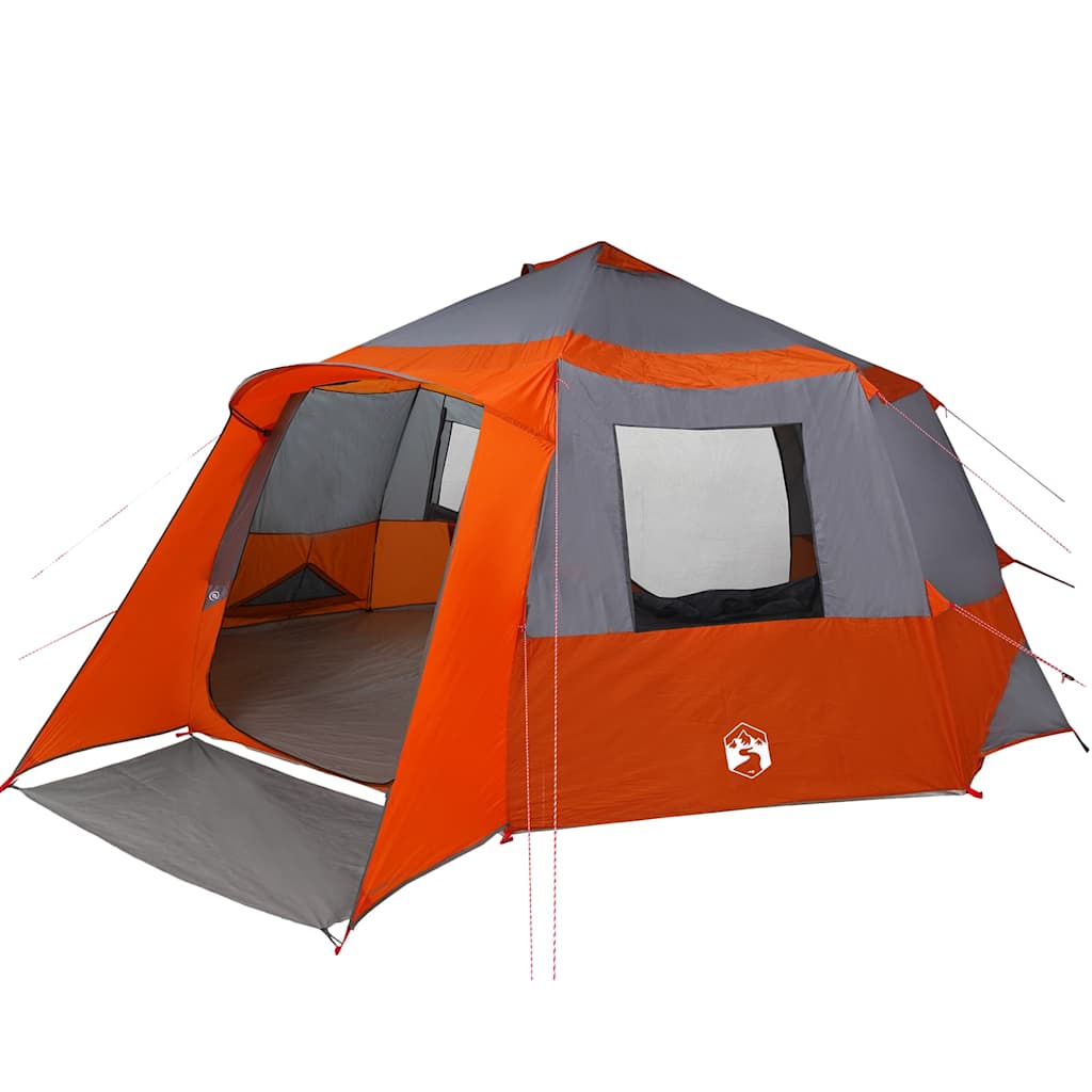 Zijaanzicht van de vidaXL Cabin Tent in grijs en oranje met open ingang.