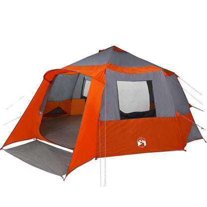 Zijaanzicht van de vidaXL Cabin Tent in grijs en oranje met open ingang.