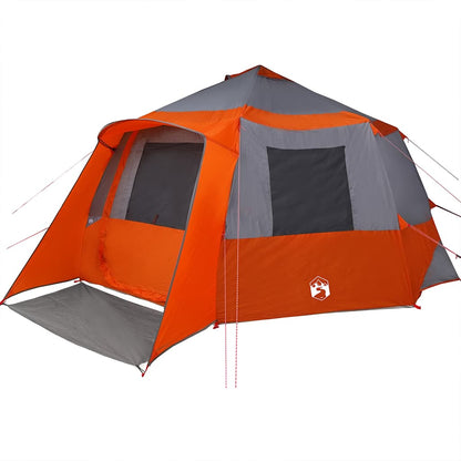 Detail van de vidaXL Cabin Tent in grijs en oranje met zij-ingang en ventilatieramen.