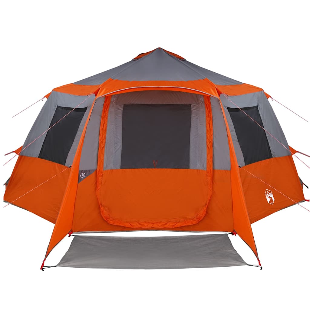 Detail van de grijs-oranje vidaXL Cabin Tent met grote ingang en ventilatieramen.