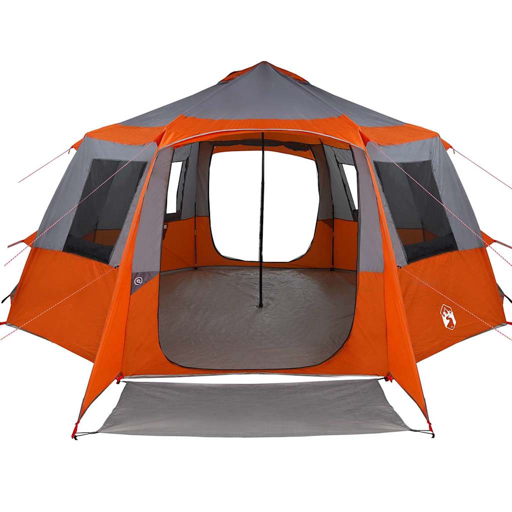 Detail van de vidaXL Cabin Tent in grijs en oranje met ventilatieroosters.