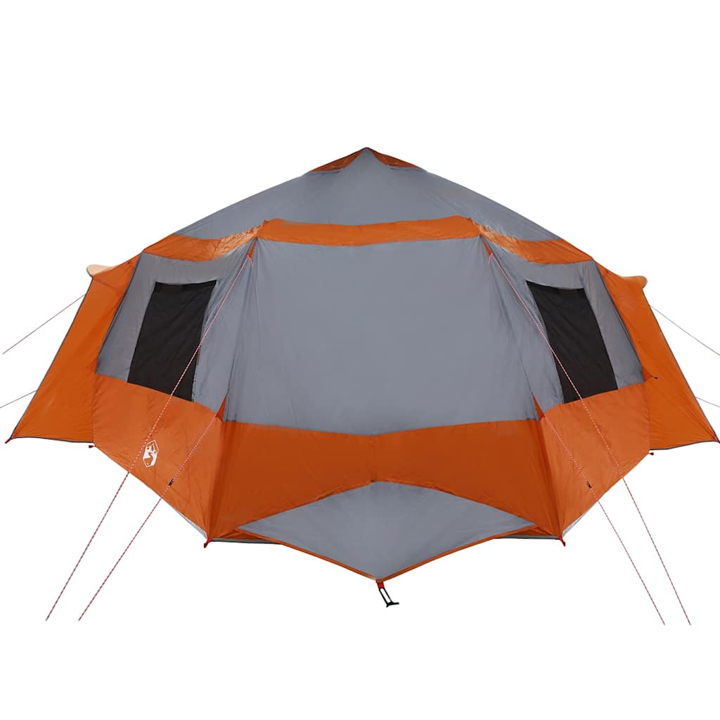 Detail van de vidaXL Cabin Tent in grijs en oranje met ventilatieroosters en ritsen.
