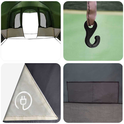Detail van de tent met groene en witte kleuren, inclusief haak en opbergvak.