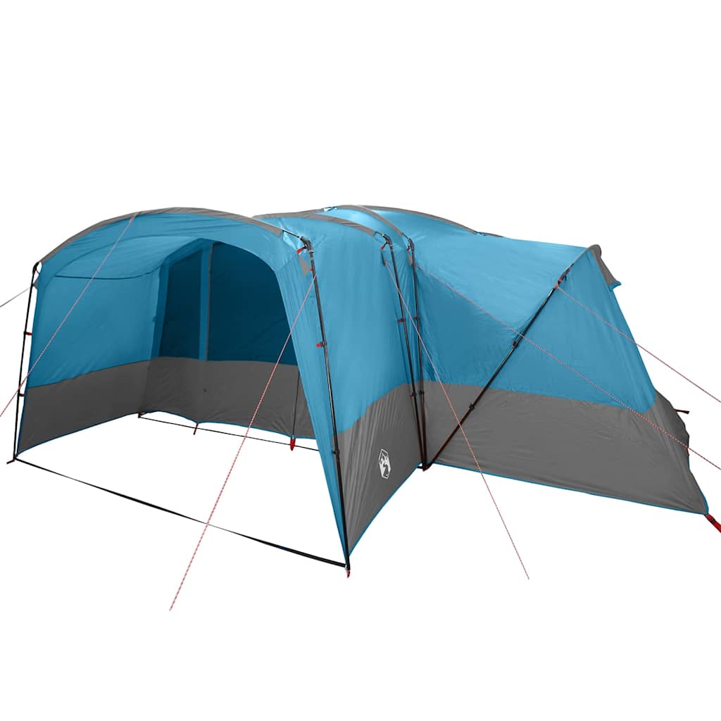 Zijaanzicht van de vidaXL familietent in blauw en grijs met ruime ingang.