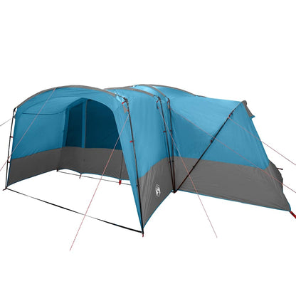 Zijaanzicht van de vidaXL familietent in blauw en grijs met ruime ingang.