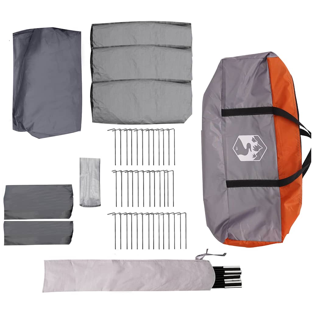Detail van de grijs-oranje tentaccessoires, inclusief stokken en haringen van vidaXL.