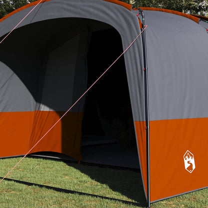 Detail van de grijs-oranje vidaXL familietent met open ingang en stevige bevestigingen.
