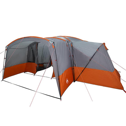 Detail van de vidaXL familietent in grijs en oranje, met open ingang en ventilatieraam.