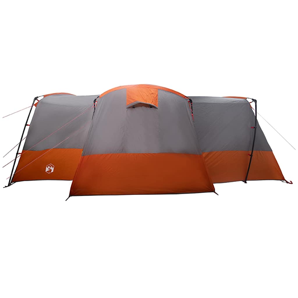 Detail van de vidaXL familietent in grijs en oranje, zijaanzicht met ventilatierooster.