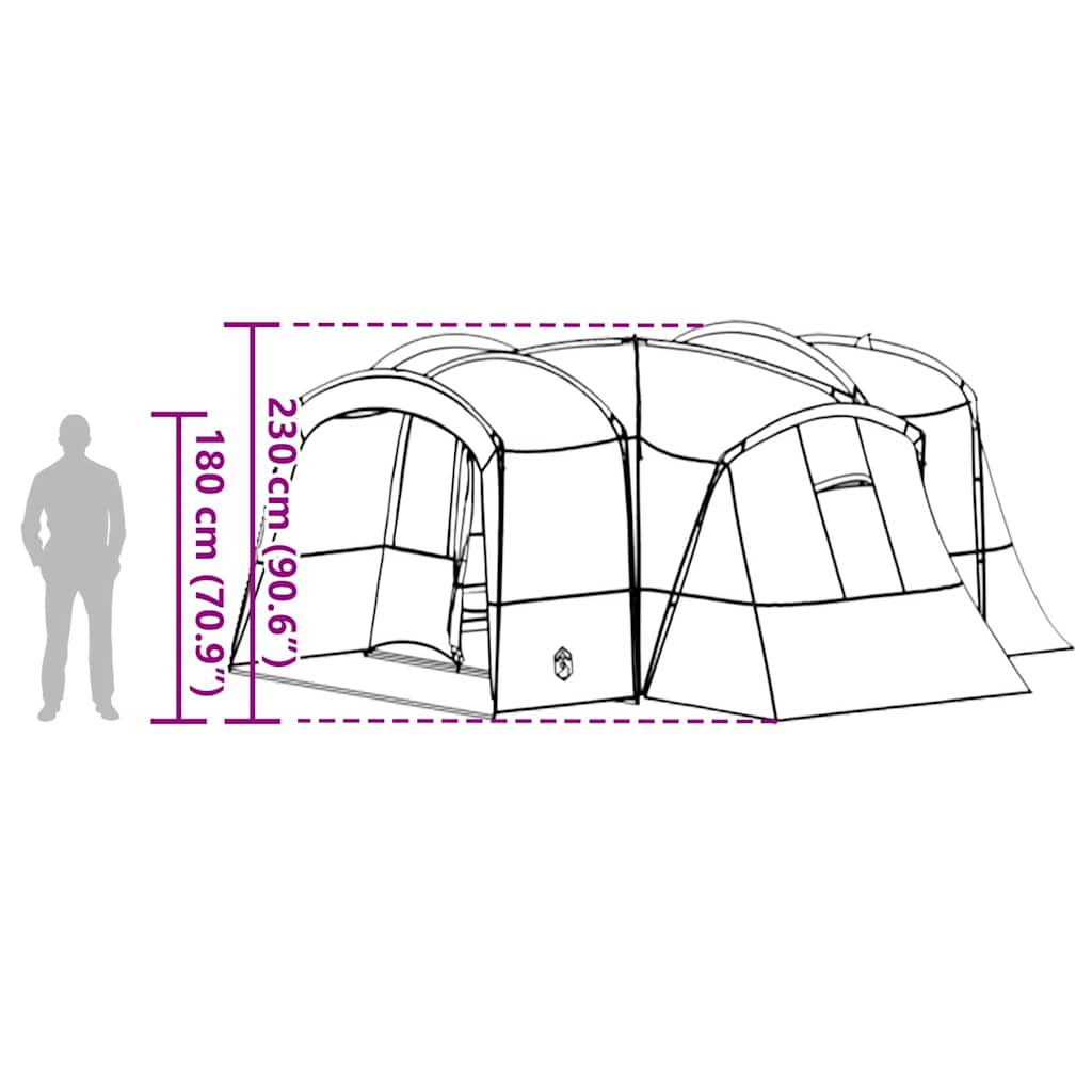 Technische tekening van de vidaXL Familietent voor 12 personen met afmetingen en details.