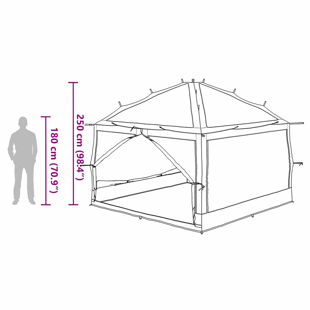 Zijaanzicht van de vidaXL binnen tent met afmetingen en een silhouet van een persoon.