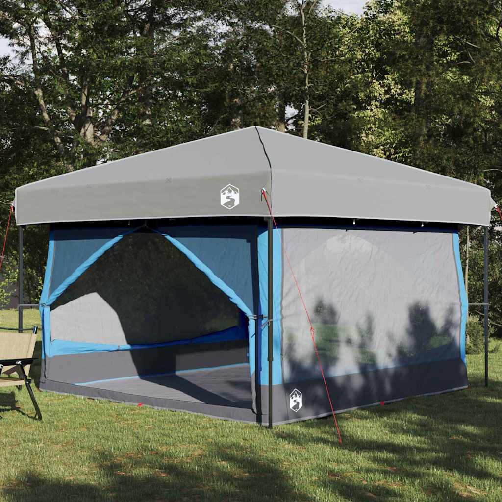 Blauwe en grijze vidaXL binnen tent voor 7 personen met ruime opstelling in de natuur.