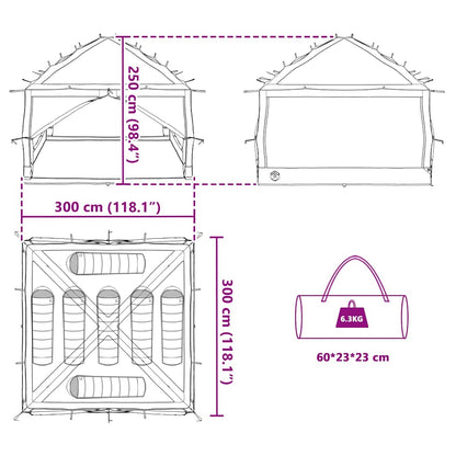Detailweergave van de vidaXL binnen tent met afmetingen en draagtas in blauw en grijs.