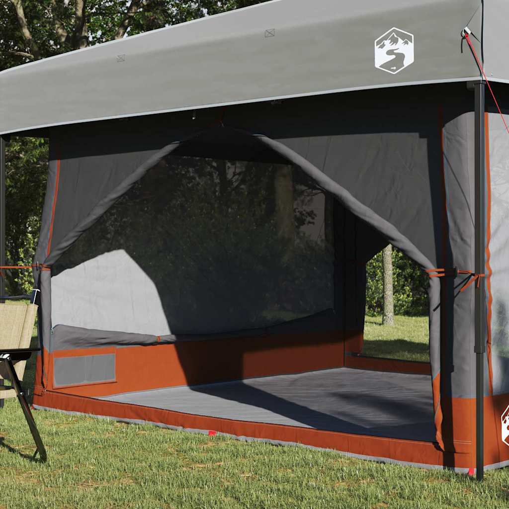 Detail van de vidaXL Binnen tent met grijze en oranje kleuren, zijaanzicht met open ingang.