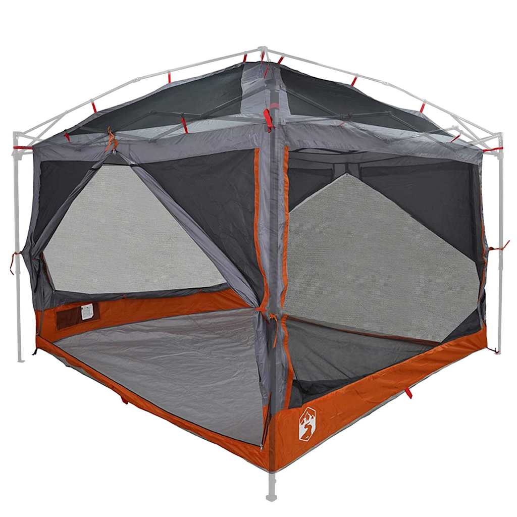 Detail van de vidaXL Binnen tent voor 7 Personen, grijs met oranje accenten en gaasvensters.