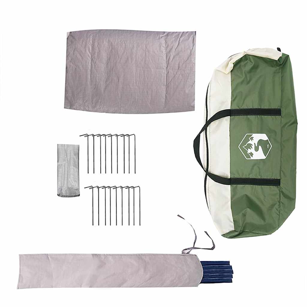 Accessoires van de vidaXL Teepee Tent: stokken, scheerlijnen en draagtas in groen en wit.