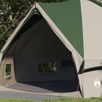 Zijaanzicht van de vidaXL Teepee Tent met groene en witte kleuren en ventilatieroosters.