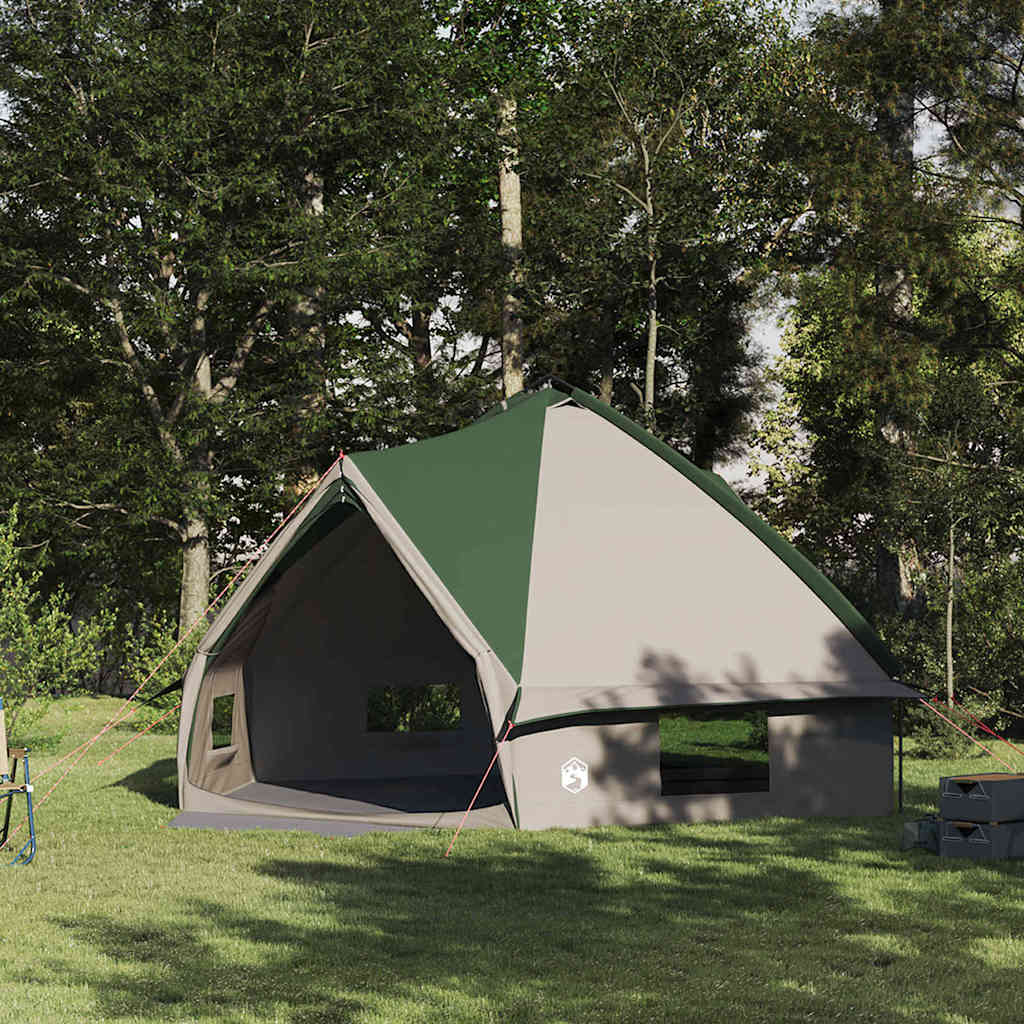 vidaXL Teepee Tent voor 10 Personen in groen en wit, geplaatst in een bosrijke omgeving.