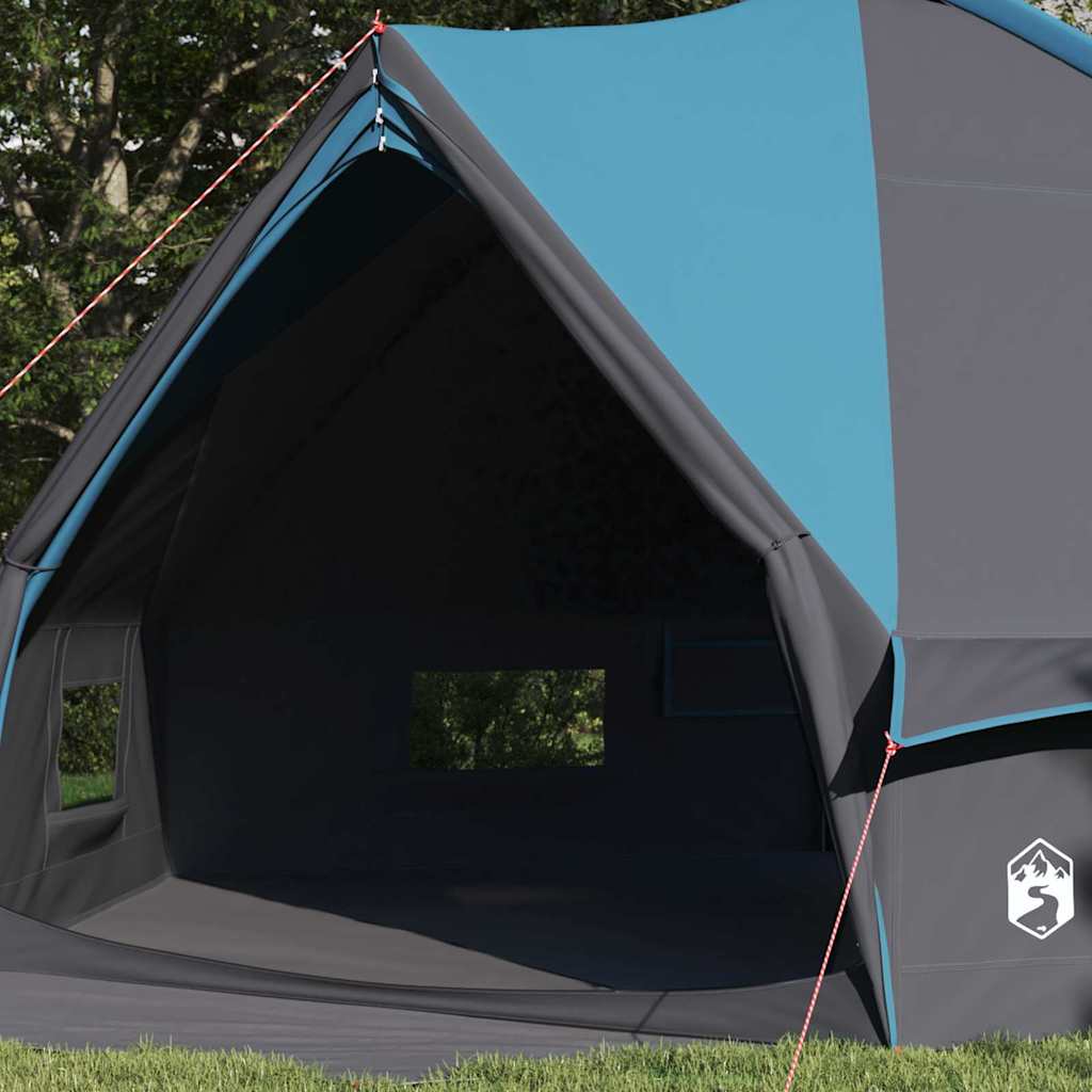 Detail van de vidaXL Teepee Tent in blauw en grijs, met open ingang en ventilatievensters.