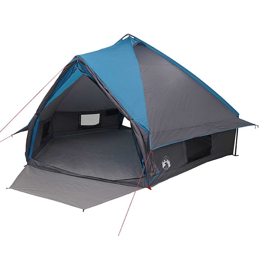 Zijaanzicht van de vidaXL Teepee Tent in blauw en grijs, met open ingang en ventilatie.