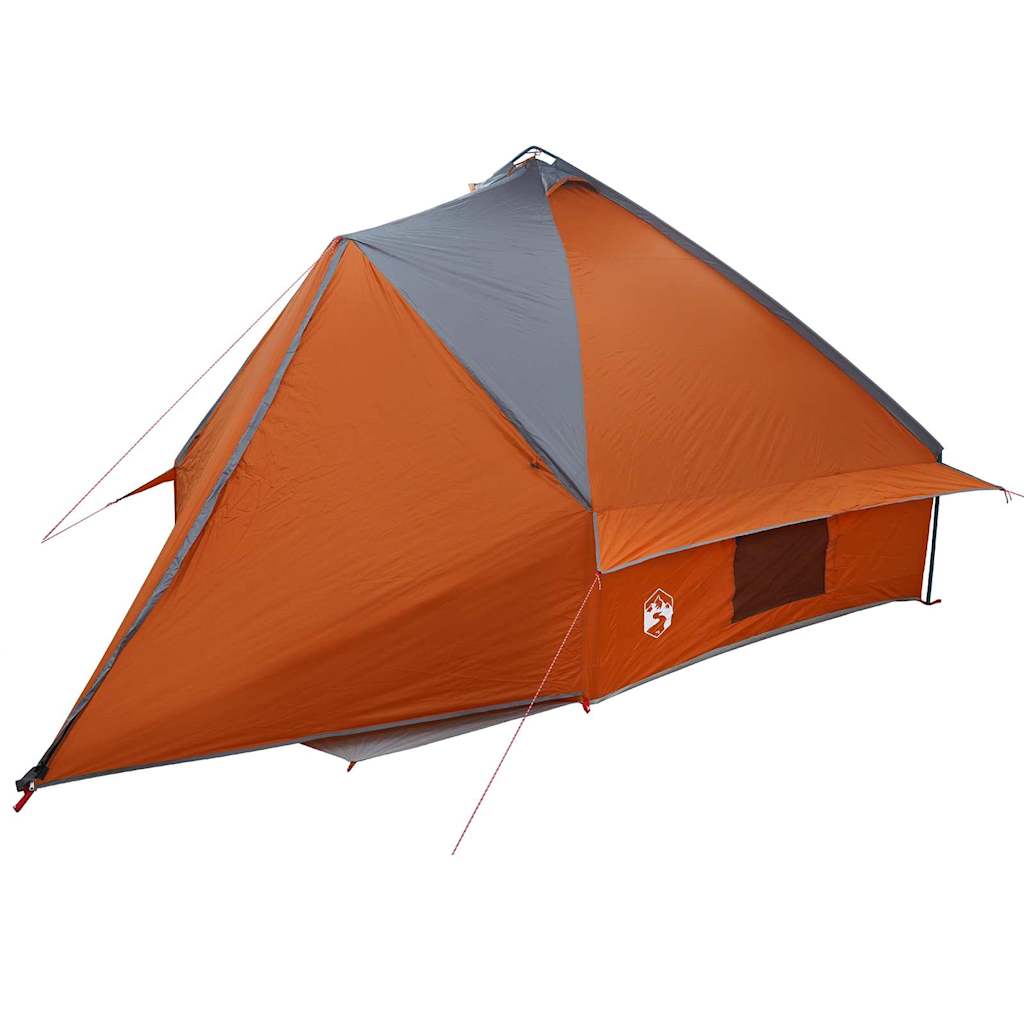 Detail van de vidaXL Teepee Tent in grijs en oranje, zijaanzicht met ingang en ventilatieopening.