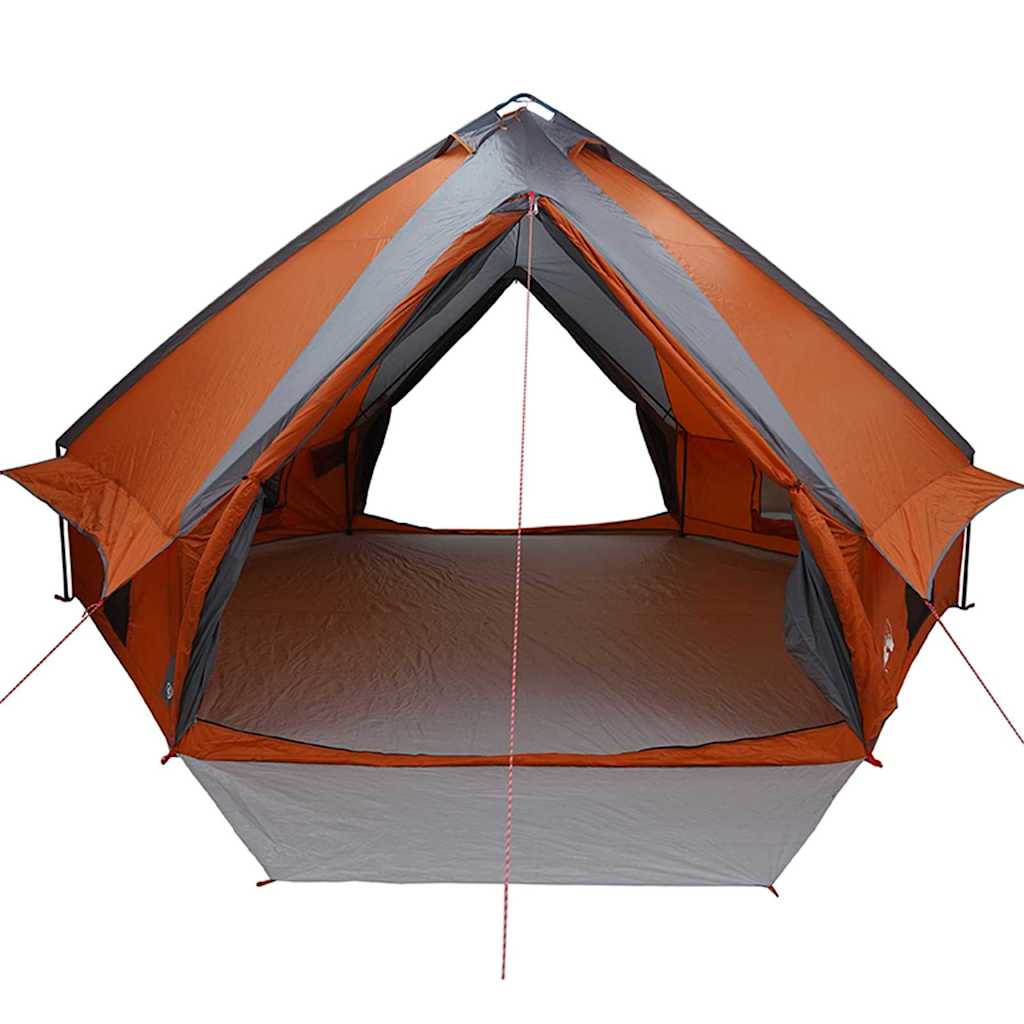 Zijaanzicht van de vidaXL Teepee Tent in grijs en oranje met open ingangen.