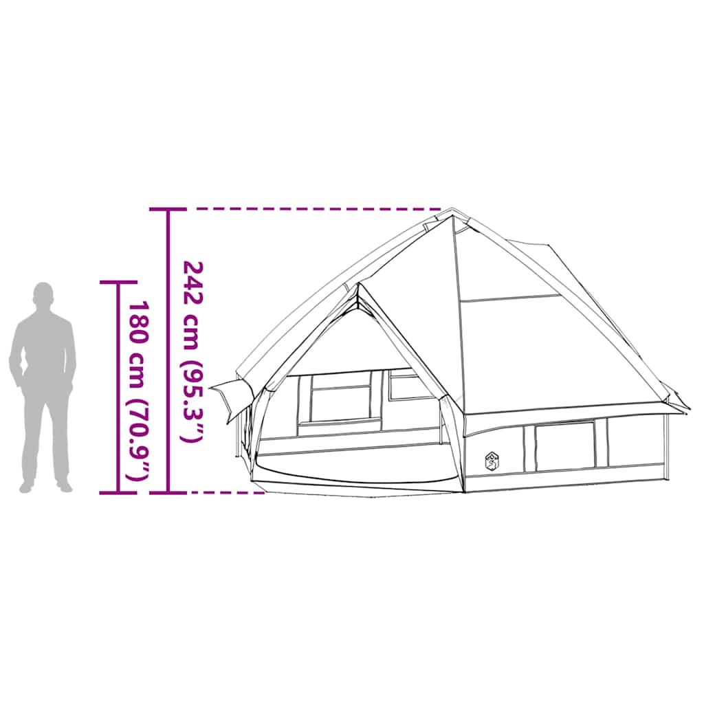 Detail van de vidaXL Teepee Tent met afmetingen en zijaanzicht voor optimale ruimteplanning.