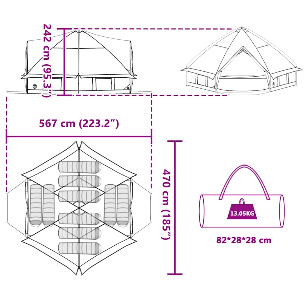 Technische tekening van de vidaXL Teepee Tent met afmetingen en draagtas.