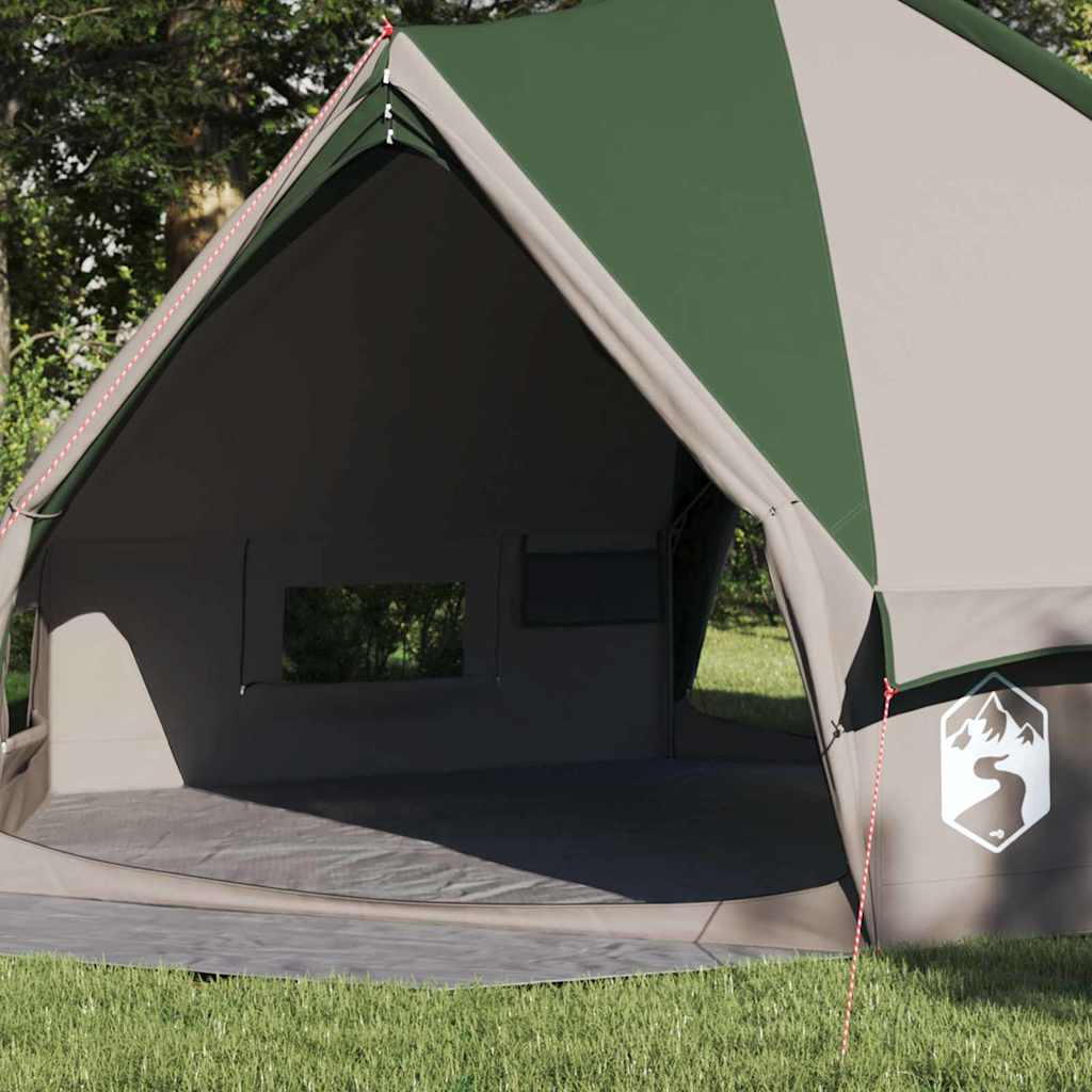 Detail van de groene en grijze vidaXL Teepee Tent met open ingang en ventilatieraam.