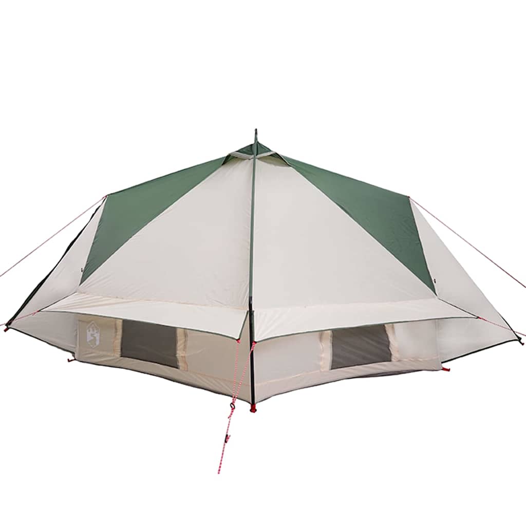 Detail van de vidaXL Teepee Tent in groen en wit, met zicht op het dak en ventilatieopeningen.