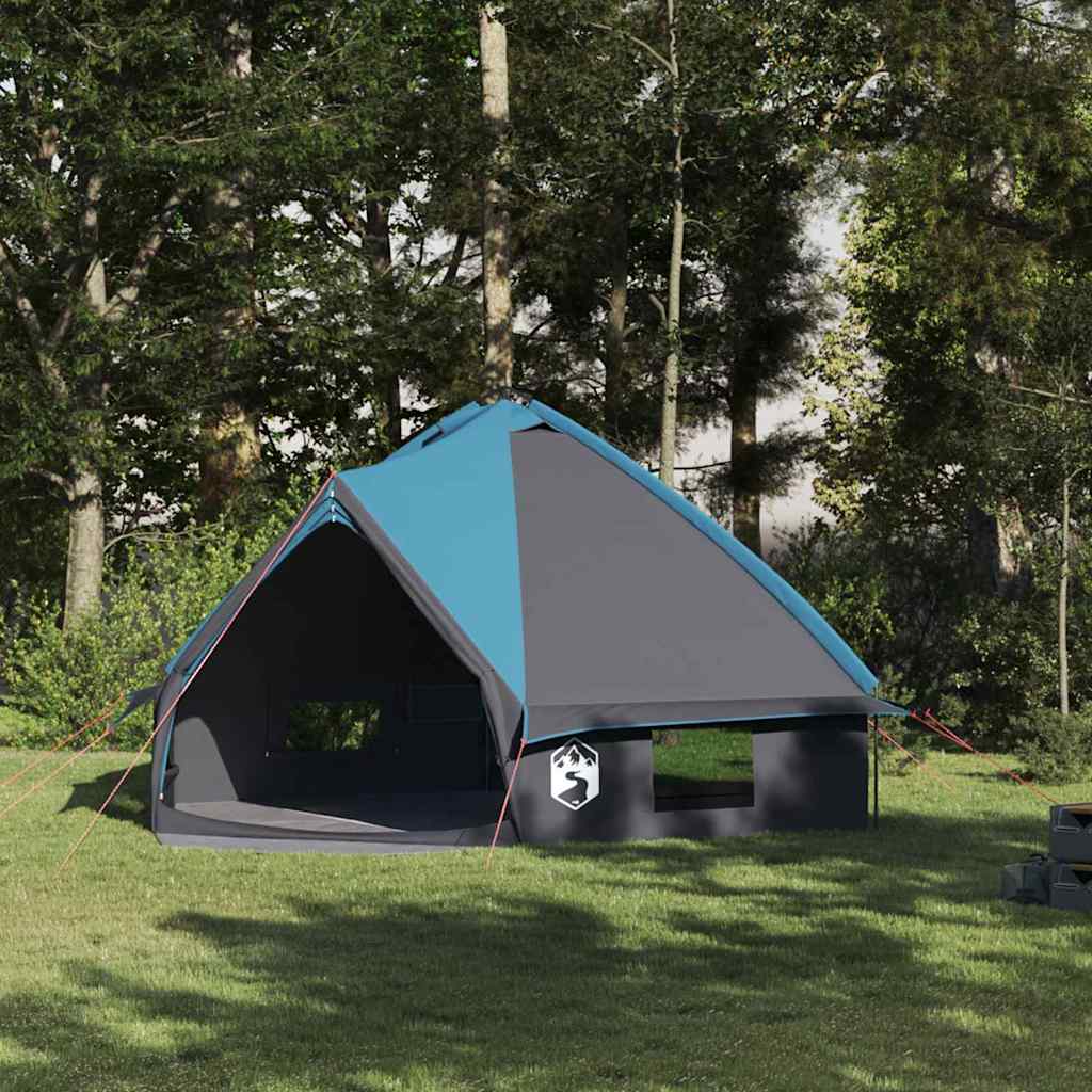 Blauwe en grijze vidaXL Teepee Tent voor 8 personen, opgesteld in een groene omgeving.