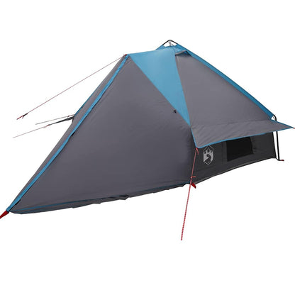 Detail van de vidaXL Teepee Tent in blauw en grijs, zijaanzicht met ingangen en ventilatie.