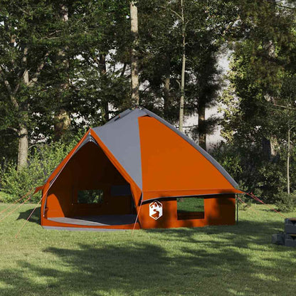 Grijze en oranje vidaXL Teepee Tent voor 8 personen, zijaanzicht in de natuur.