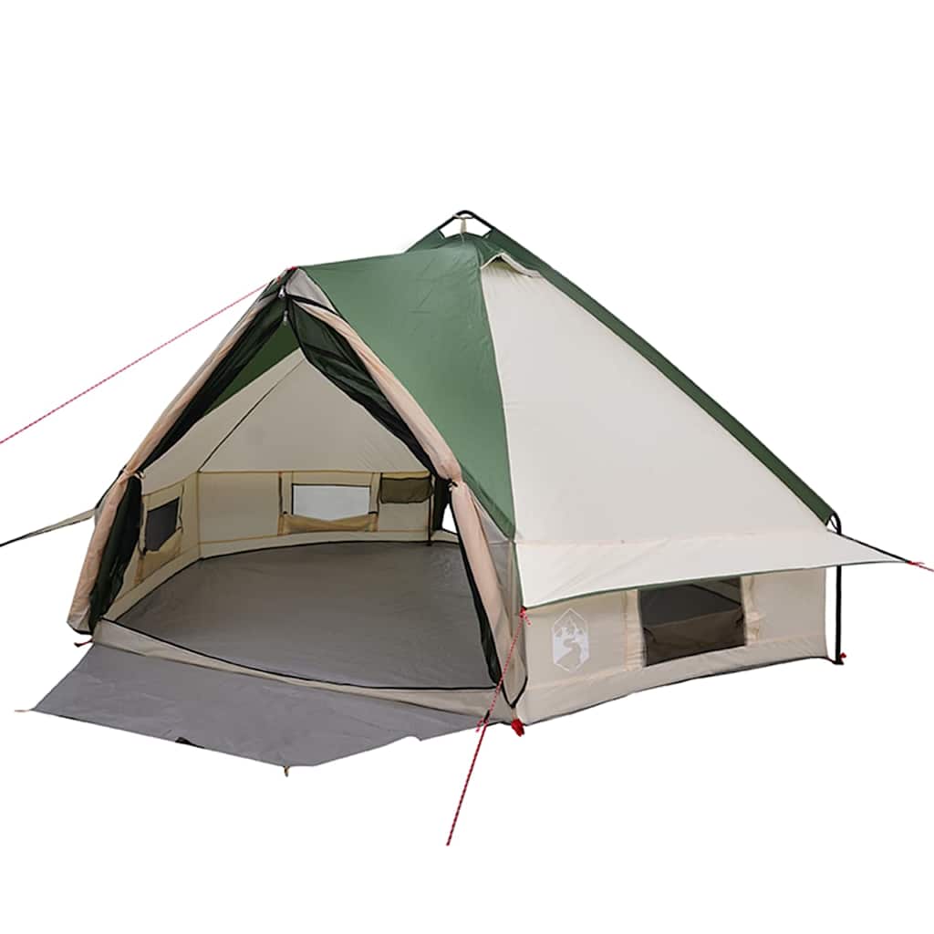 Zijaanzicht van de vidaXL Teepee Tent in groen en wit, met open ingang en binnentapijt.