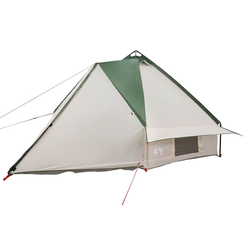 Detail van de vidaXL Teepee Tent in groen en wit, zijaanzicht met ingang en scheerlijnen.