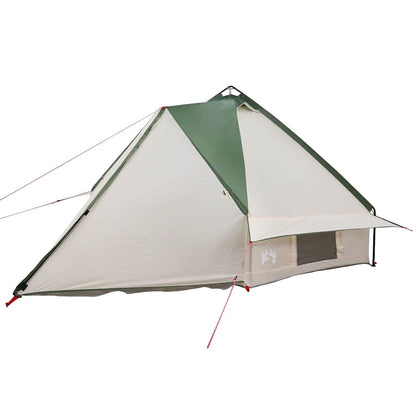 Detail van de vidaXL Teepee Tent in groen en wit, zijaanzicht met ingang en scheerlijnen.