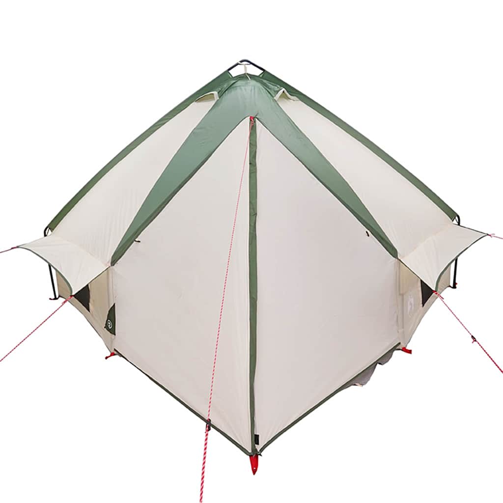 Zijaanzicht van de vidaXL Teepee Tent in groen en wit met scheerlijnen.