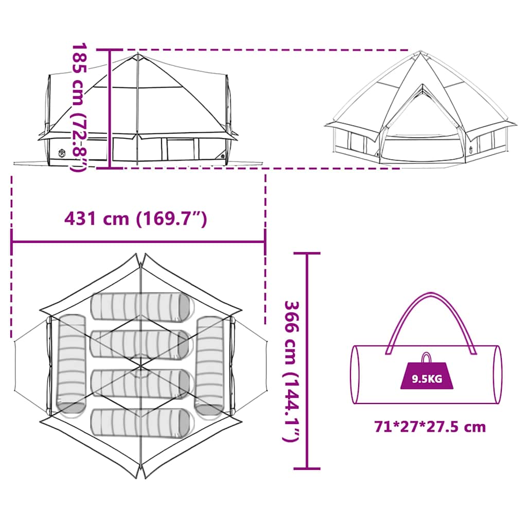 Detailtekening van de vidaXL Teepee Tent met afmetingen en draagtas, in groen en wit.