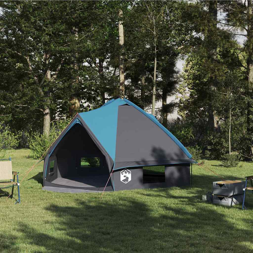 Blauwe en grijze vidaXL Teepee Tent voor 6 personen, opgesteld in een groene omgeving.