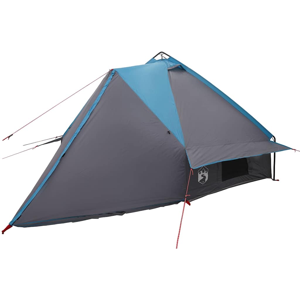 Detail van de vidaXL Teepee Tent in blauw en grijs, zijaanzicht met ventilatieopening.