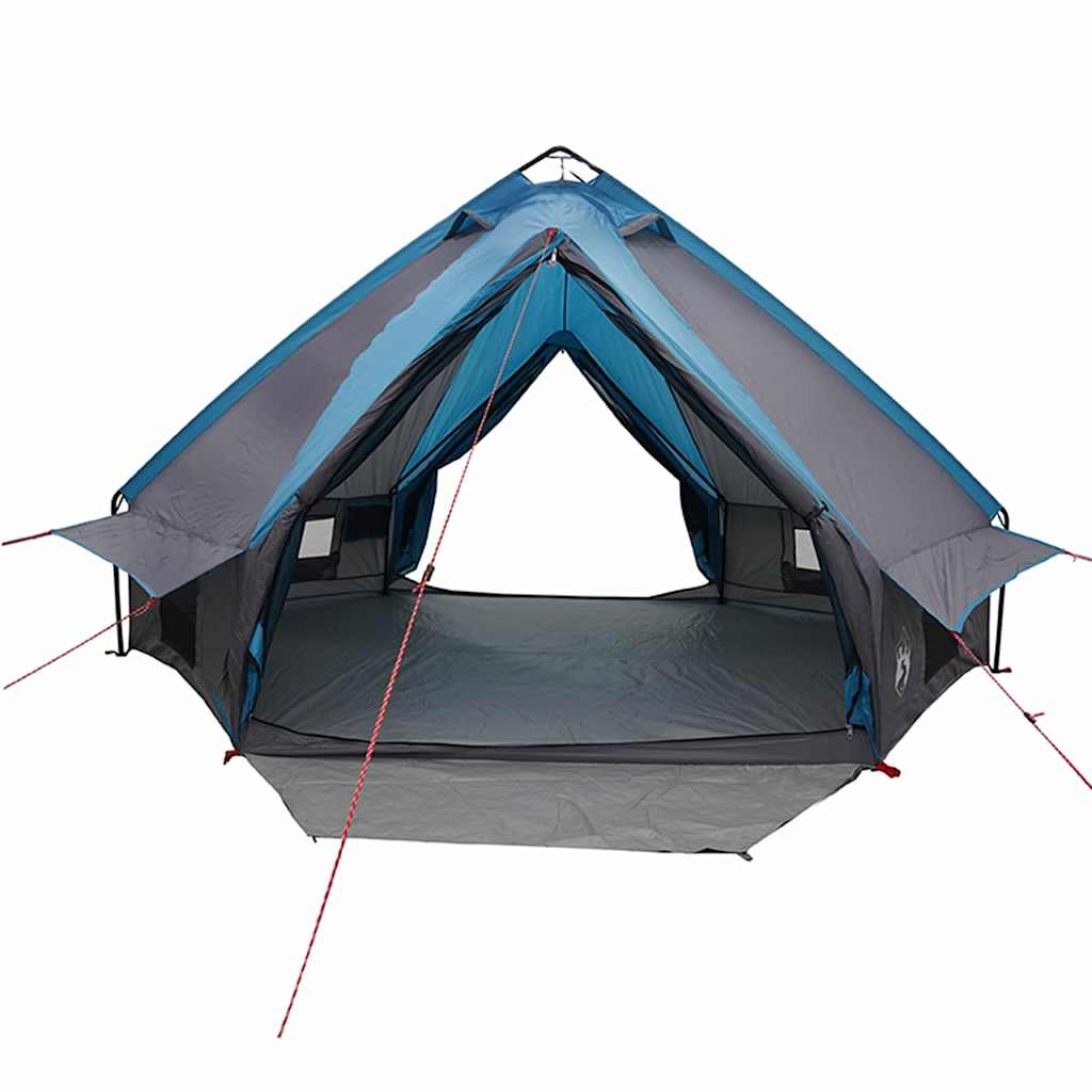 Detail van de vidaXL Teepee Tent in blauw en grijs, met open ingangen en ventilatie.