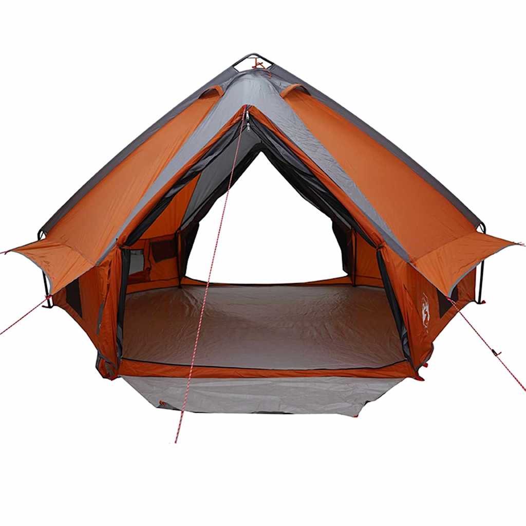 Zijaanzicht van de vidaXL Teepee Tent in grijs en oranje met open ingangen.