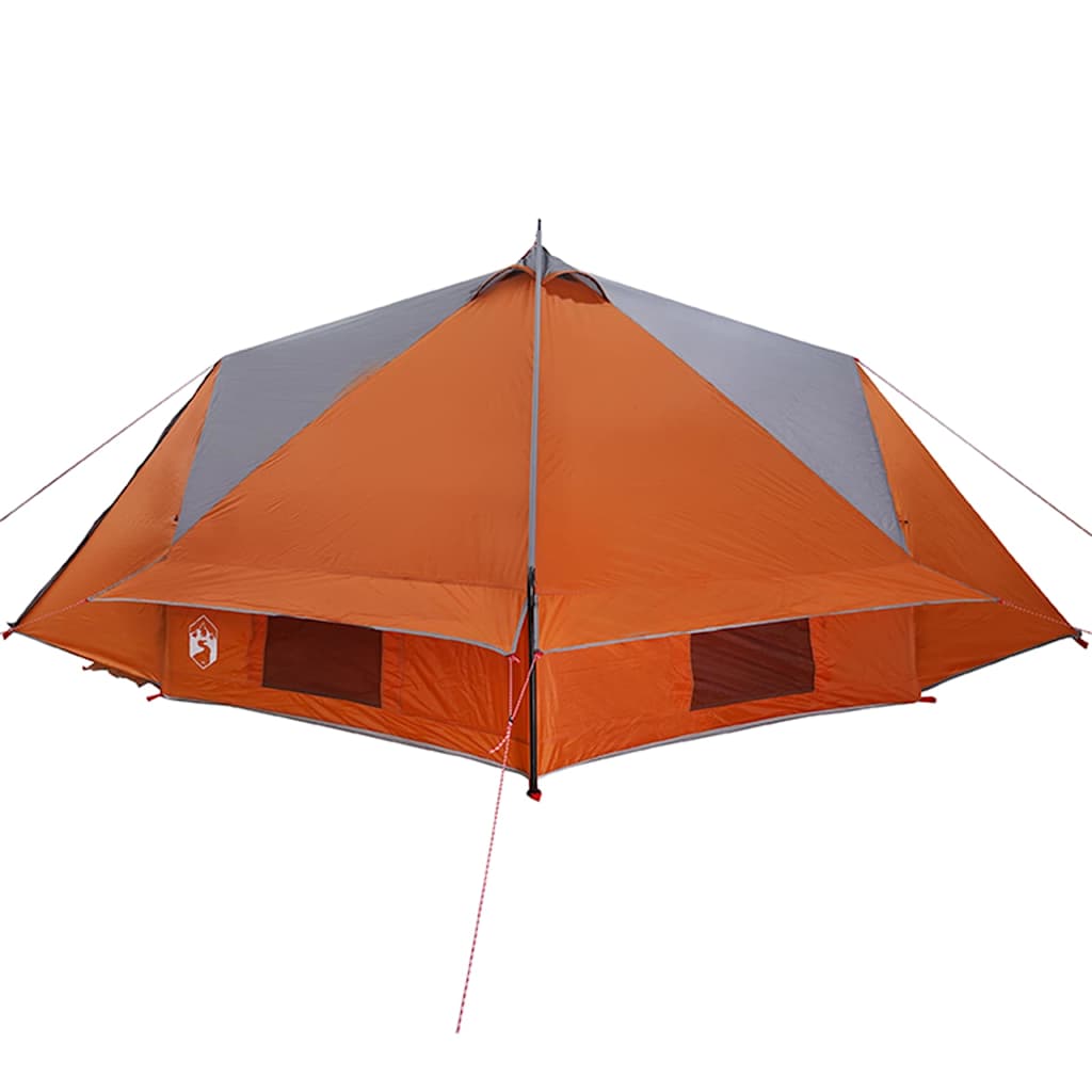Zijaanzicht van de vidaXL Teepee Tent in grijs en oranje met ventilatieschuif.