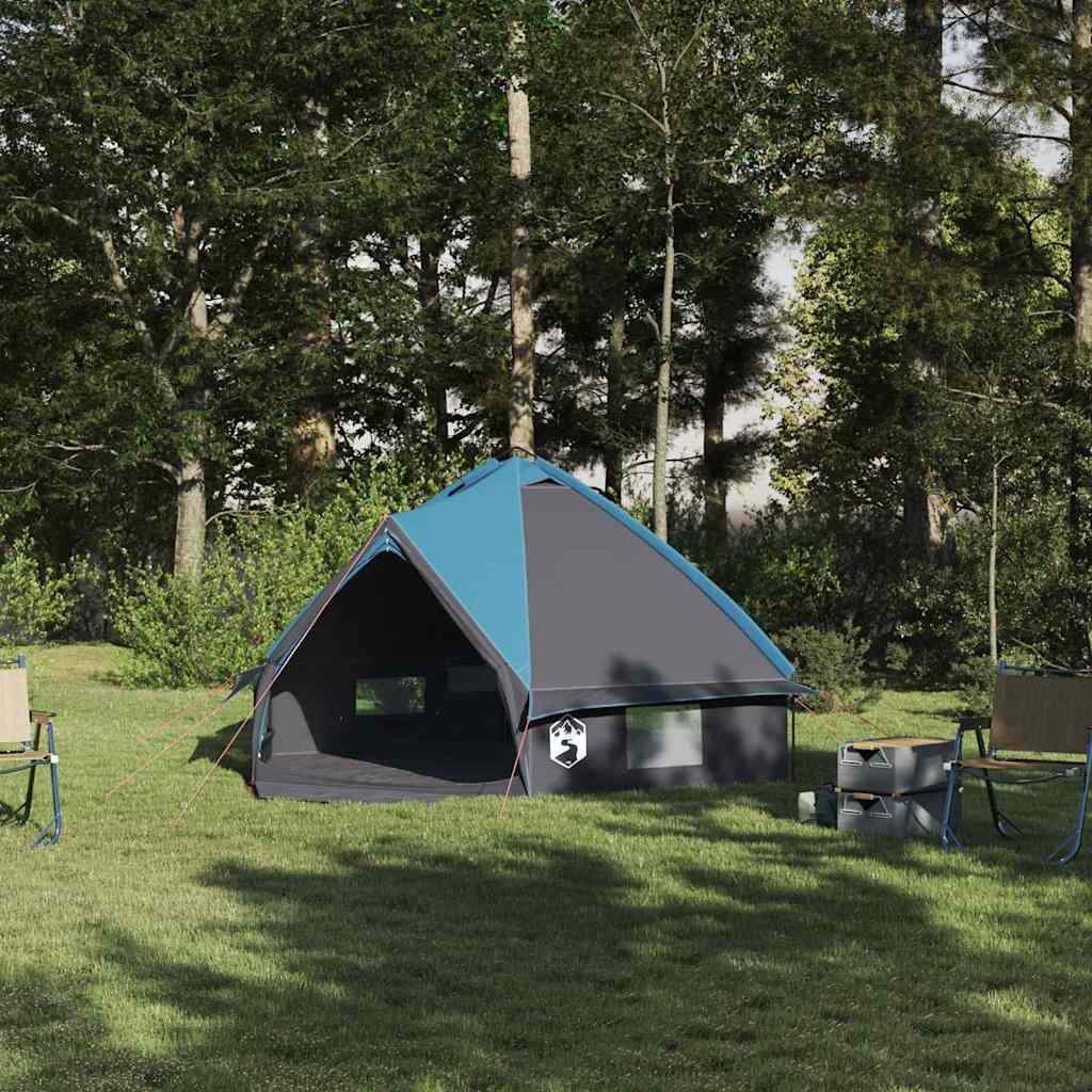 Blauwe en grijze vidaXL Teepee Tent voor 4 personen, in een bosrijke omgeving.