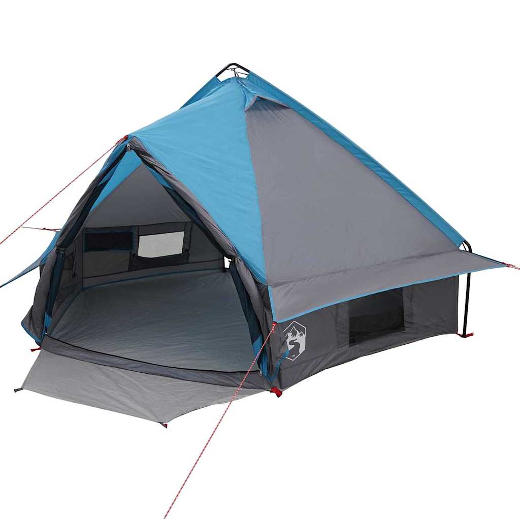 Detail van de vidaXL Teepee Tent in blauw en grijs, met open ingang en ventilatie.