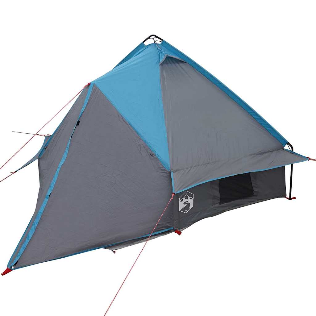 Detail van de vidaXL Teepee Tent in blauw en grijs, zijaanzicht met ventilatieopening.