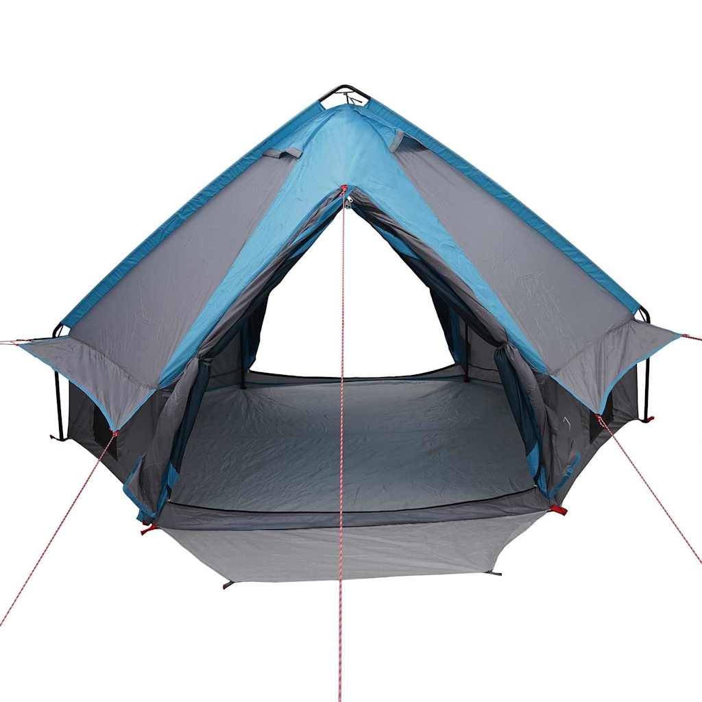 Zijaanzicht van de vidaXL Teepee Tent in blauw en grijs met open ingangen.