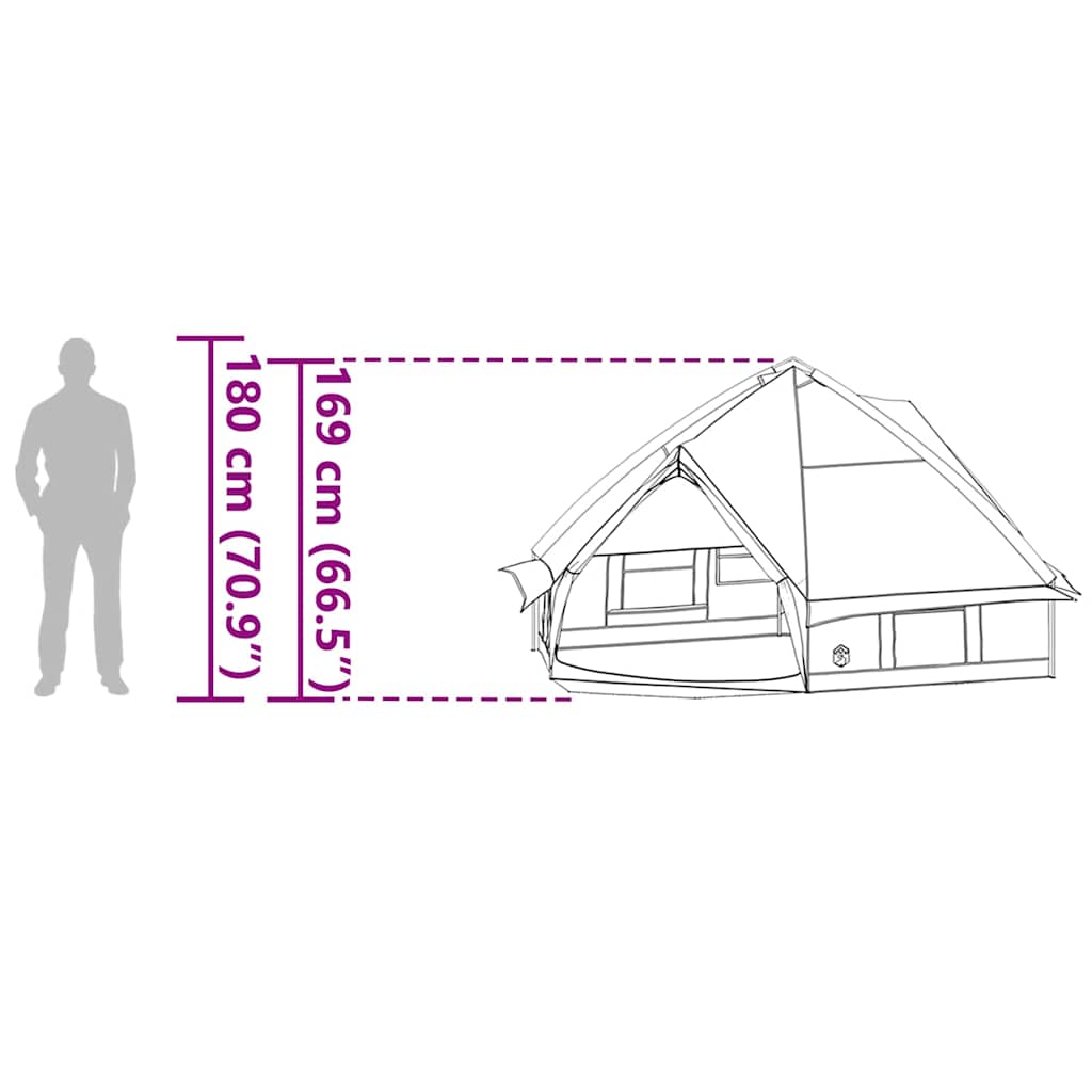 Zijaanzicht van de vidaXL Teepee Tent met afmetingen en ventilatieopening.