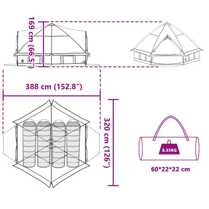 Detailweergave van de vidaXL Teepee Tent met afmetingen en draagtas voor eenvoudig transport.
